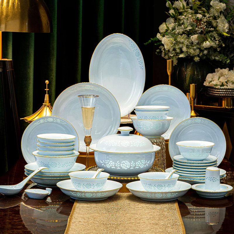 高端福字玲珑70头景德镇家用简约轻奢中式碗碟盘餐具乔迁之喜