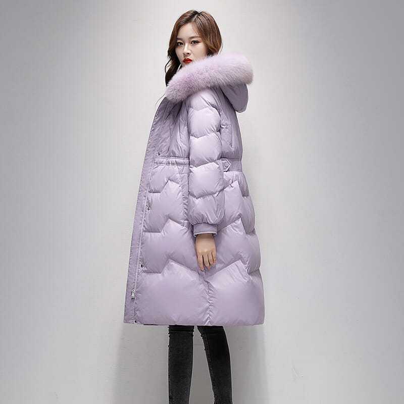 2021年冬装过膝白鸭绒大毛领加厚时尚中长款羽绒服外套女款