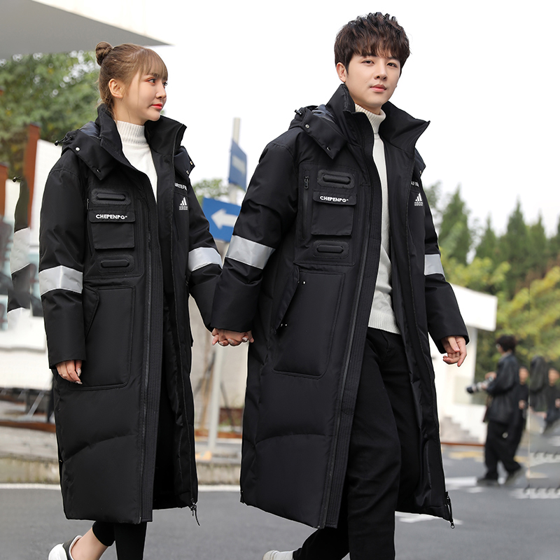 三叶草仕艳阿迪潮流冬情侣装羽绒服男新款潮流韩版加长款过膝外套