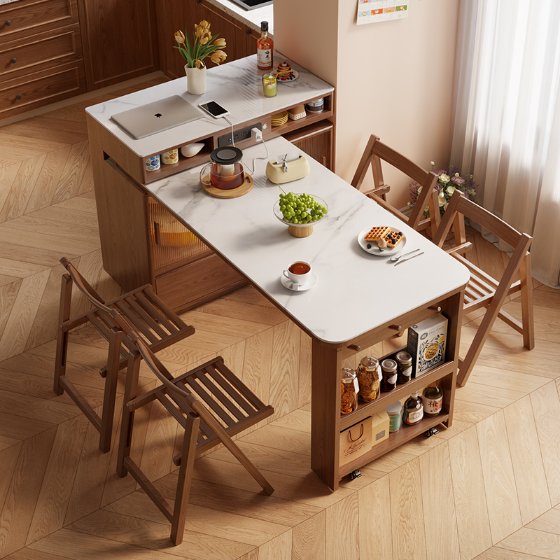 木屋记岛台餐桌一体家用可伸缩厨房高级岩板旋转多功能实木两用桌