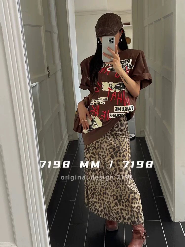 SNRT美式复古辣妹豹纹包臀裙女夏季新款高腰垂感小众中长款半身裙