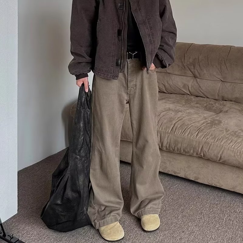 复古咖啡色牛仔裤男女宽松潮牌美式废土风棕色直筒长裤子ins潮牌