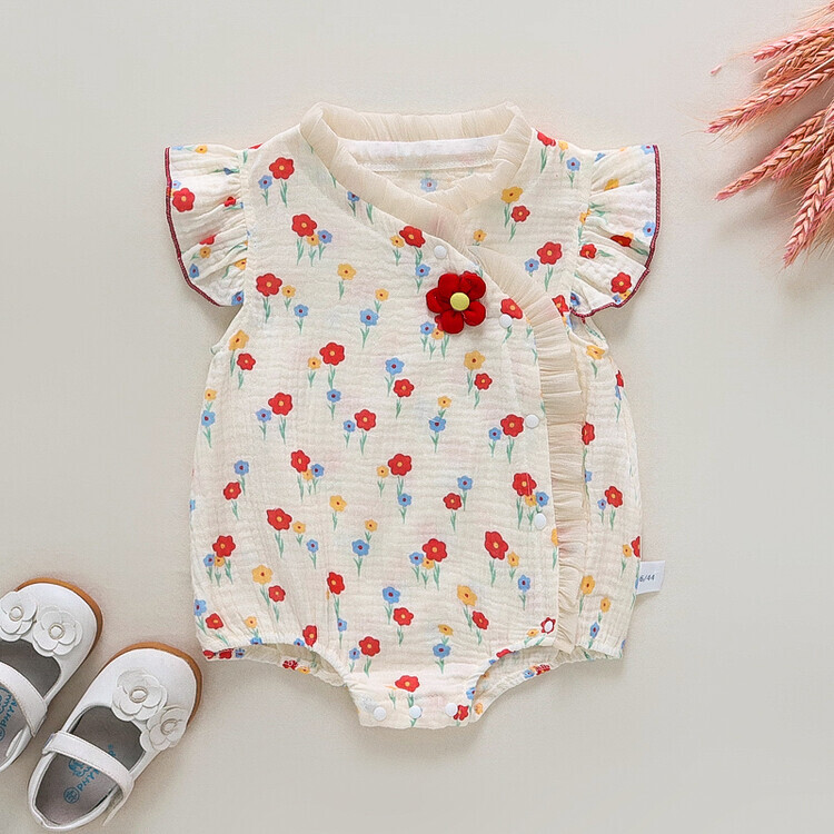 新款婴童飞袖木耳边彩色花朵三角爬服连身衣哈衣服薄款韩版连体衣