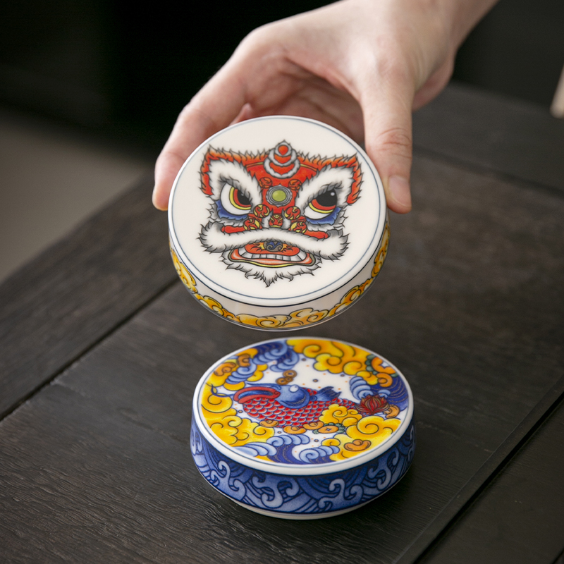 国潮风陶瓷实心盖置壶盖家用盖托茶托高端陶瓷功夫茶具醒狮盖置托