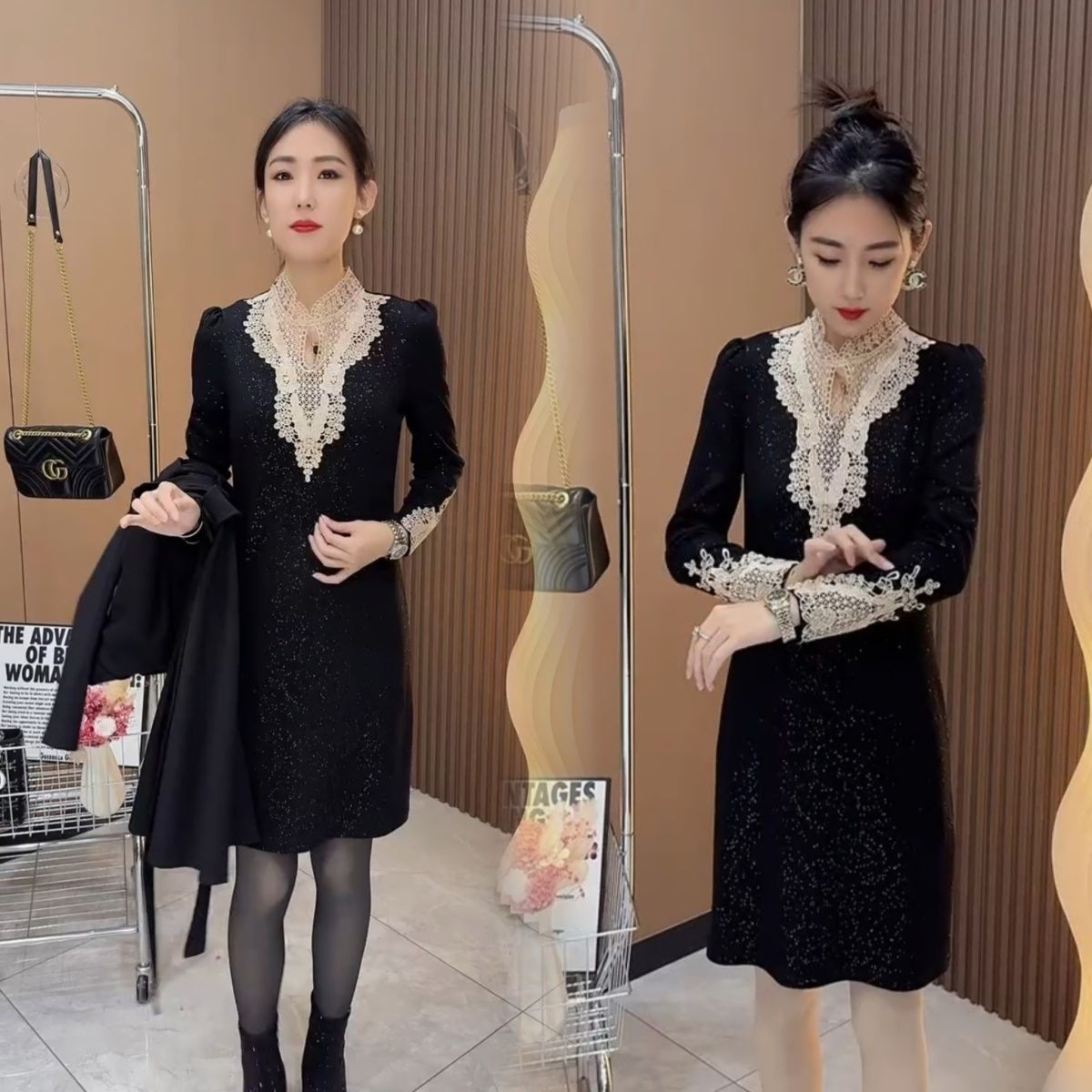 秋冬加厚满天星宫廷星空复合加厚闪亮亮直筒叠穿爆款年轻连衣裙潮