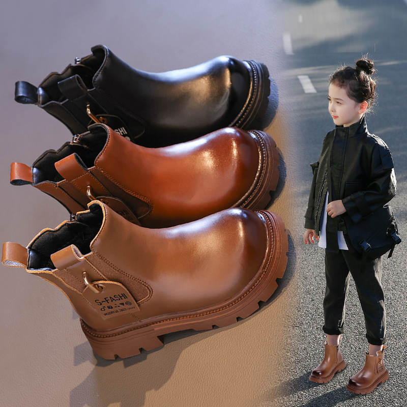 女童马丁靴加绒时装靴2023冬季新款百搭棉靴儿童潮牌短靴男童皮靴