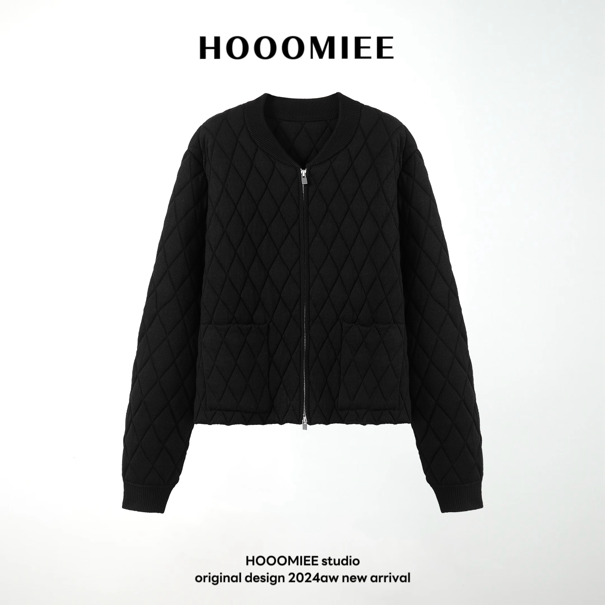 Hooomiee潮流菱格设计纯色拉链宽松休闲女士外套TY34368