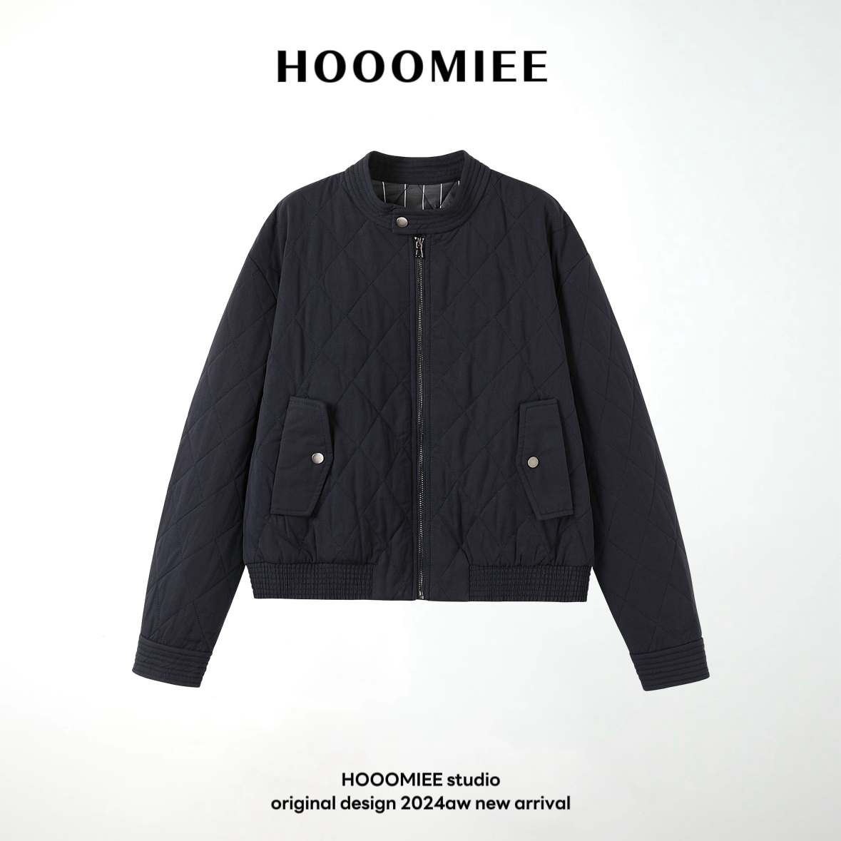 Hooomiee老钱风天丝棉菱格松弛感夹克拉链复古立领短外套2024-462