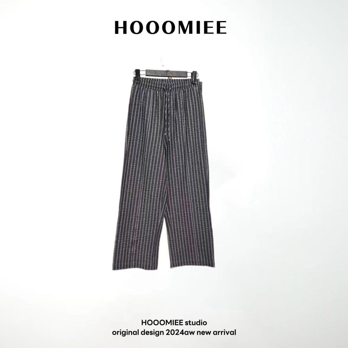 Hooomiee休闲风棉麻抽绳灰竖条纹休闲裤松紧腰直筒时尚长裤24641