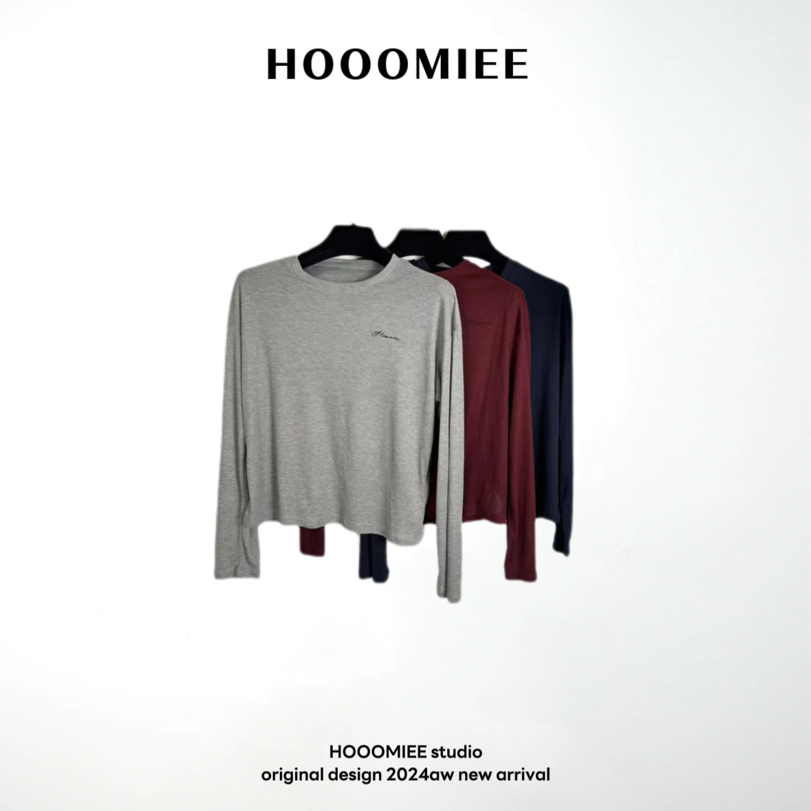 Hooomiee慵懒风简约刺绣百搭休闲圆领打底长袖打底上衣5881