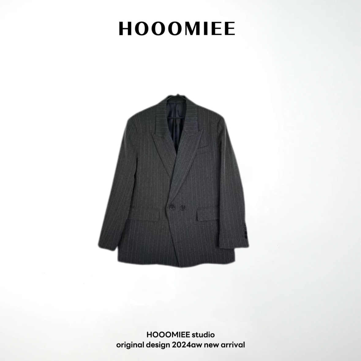 Hooomiee经典灰色竖条高级感宽松休闲女士西装外套243052