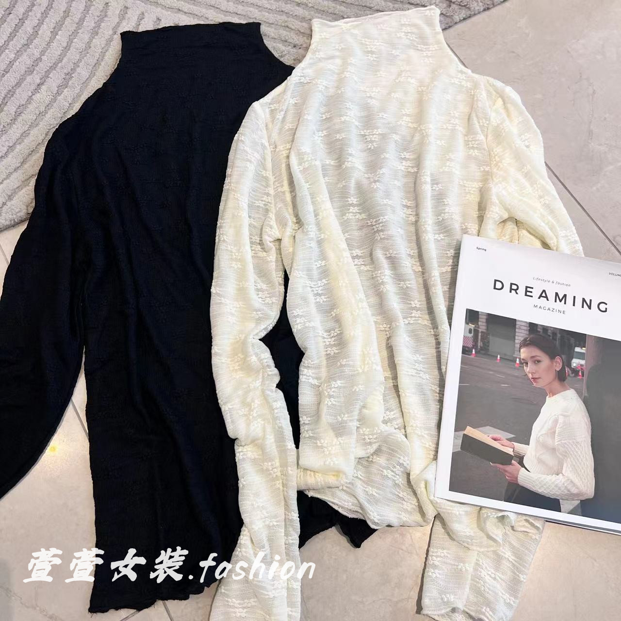 【萱萱服饰】ZZ931半高领蕾丝打底衫女内搭木耳边杏色秋季新款2023