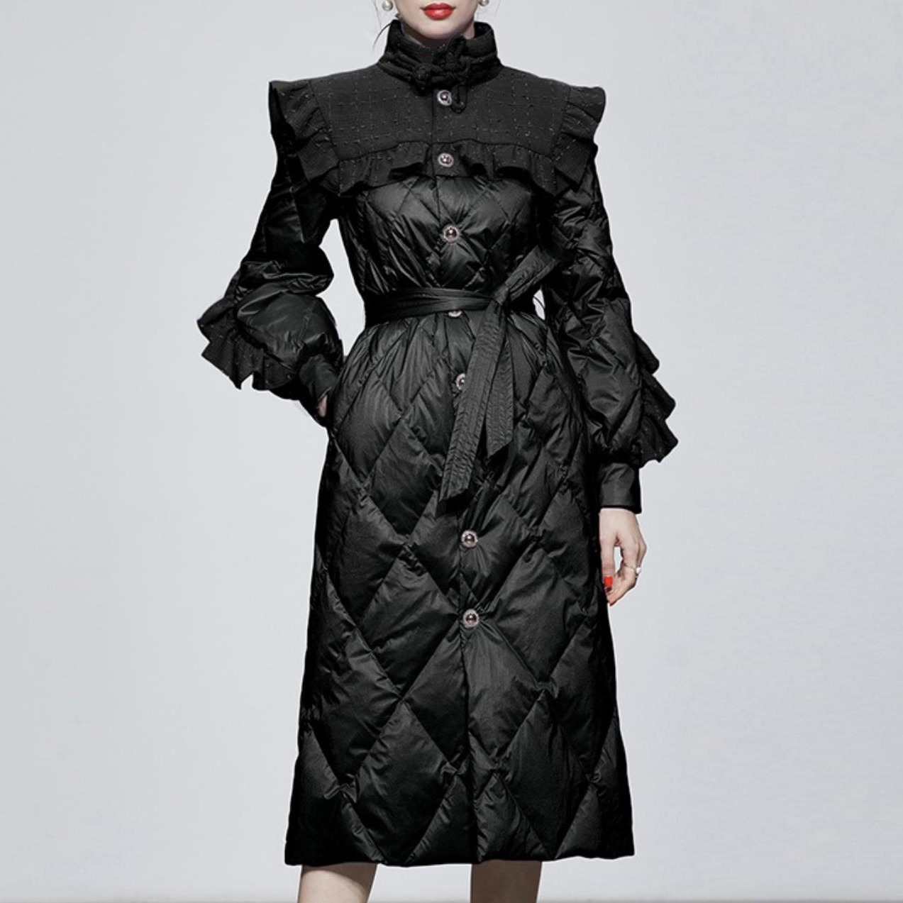 高梵冬季女装新款黑色收腰中长款白鸭绒羽绒服加厚过膝面包服外套