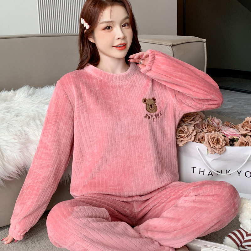 睡衣冬季女款珊瑚绒加厚加绒长袖可爱宽松法兰绒家居服套装可外穿
