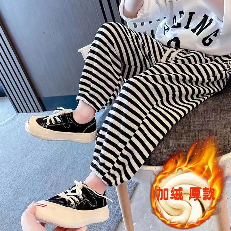 【加绒现货】男女童网红裤韩版百搭外穿哈伦运动条纹裤卫裤