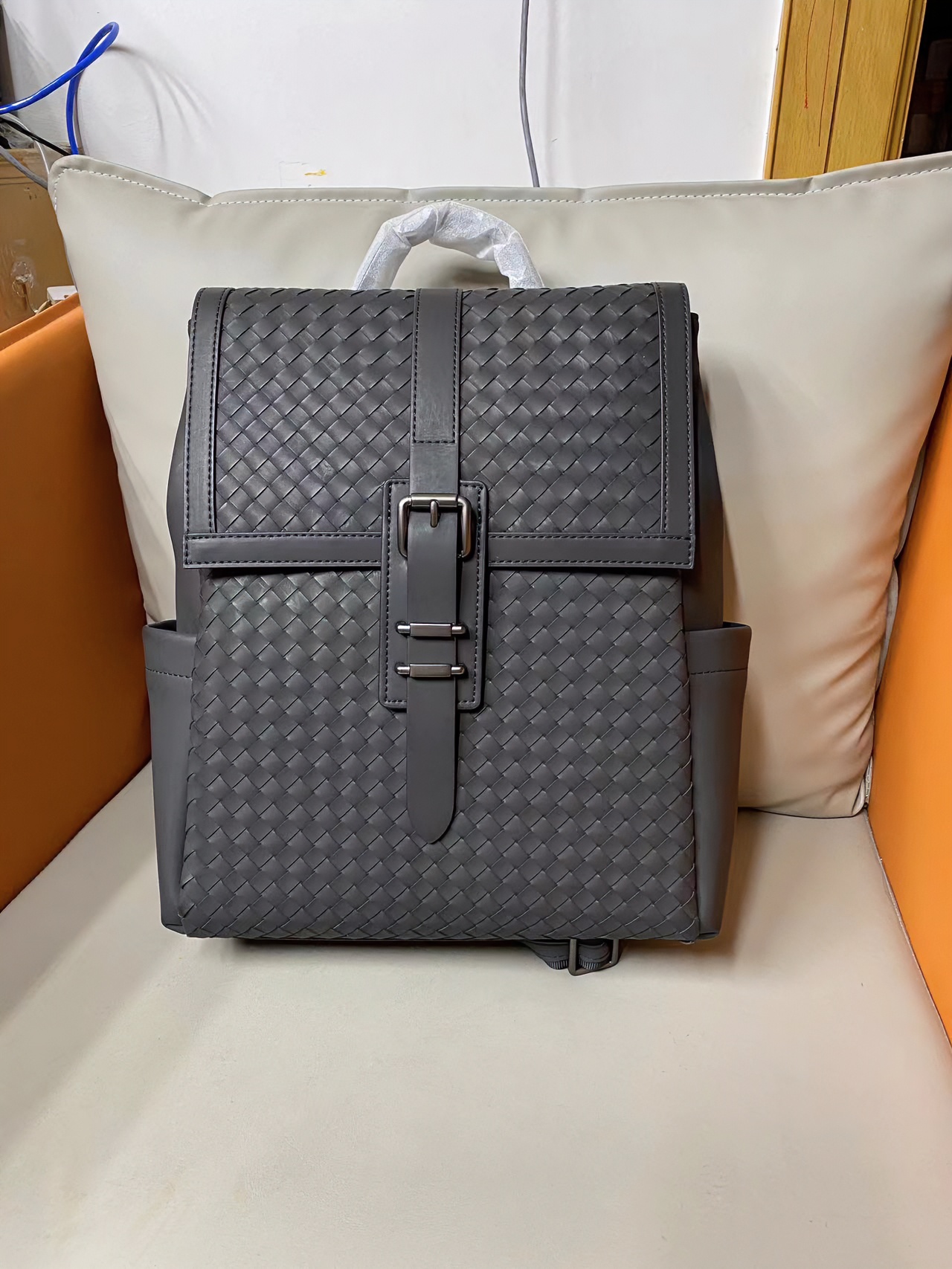 高品质男士新款编织双肩背包潮流百搭休闲黑色