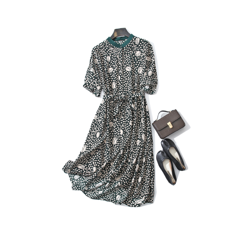  春夏新款时尚印花减龄短袖桑蚕丝连衣裙 之22905H