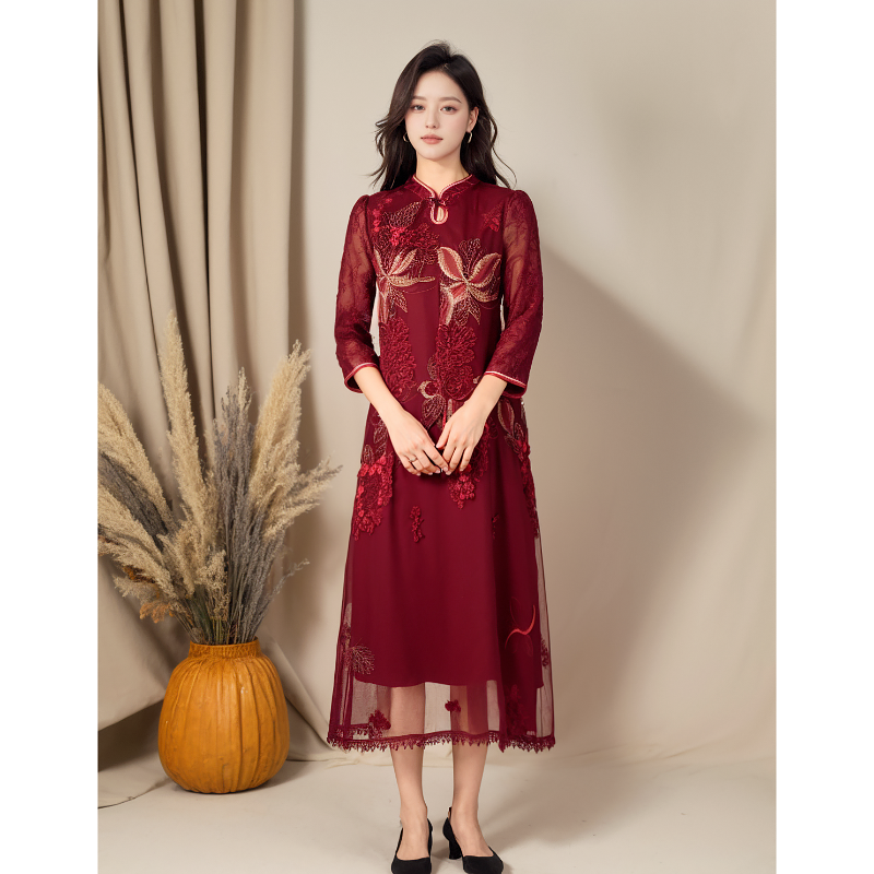  妈妈洋气喜庆连衣裙秋冬新款台湾品牌 绮8615E