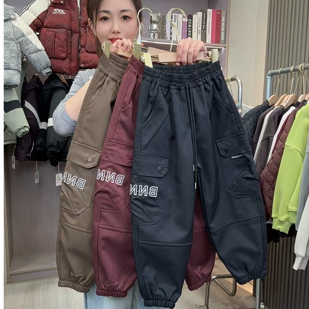 男童一体绒工装裤冬季新款2024中大男孩潮帅时尚宽松百搭休闲裤潮