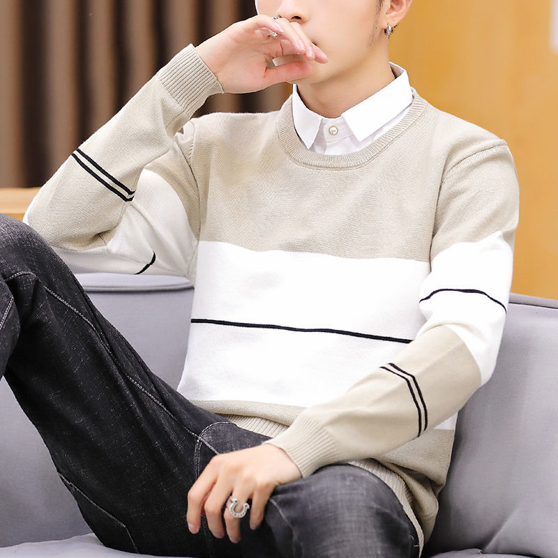 男士毛衣假两件加绒加厚2020新款韩版带领针织衫衬衫领秋冬季线衣