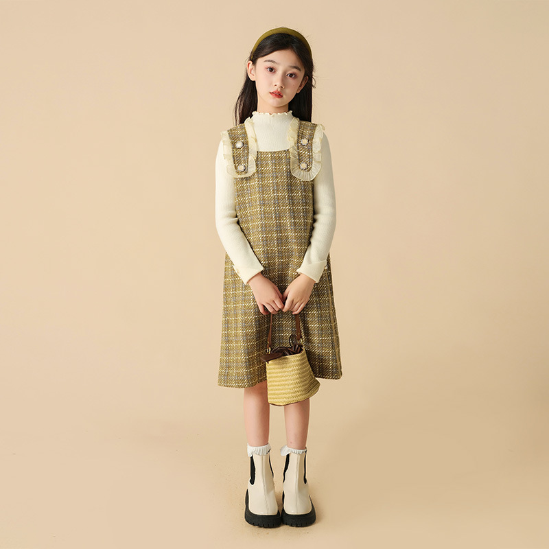 女童童装2023秋冬新款小香风背心裙套装格子长袖裙子儿童时尚服装