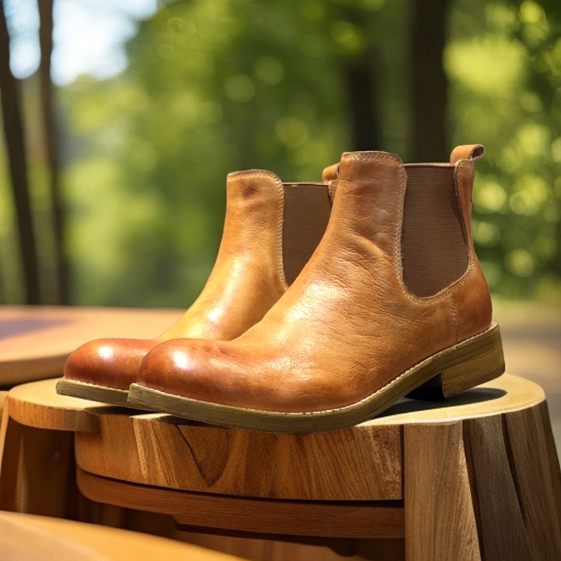 英伦圆头头层牛皮厚底做旧切尔西男靴百搭真皮懒人一脚蹬大码短靴
