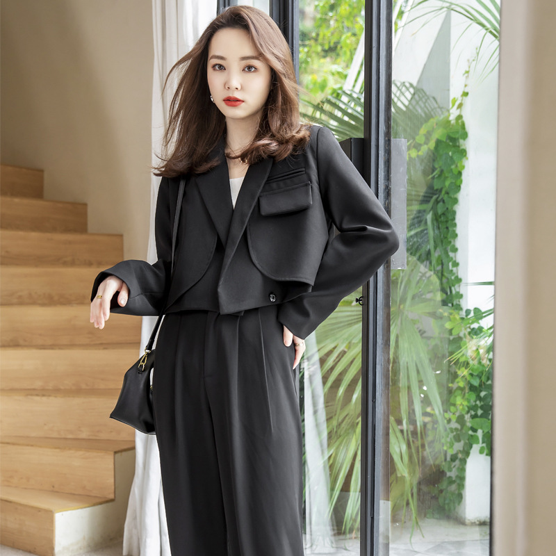 小个子春秋休闲装女黑色短款西装外套设计感网红新款单口袋洋气