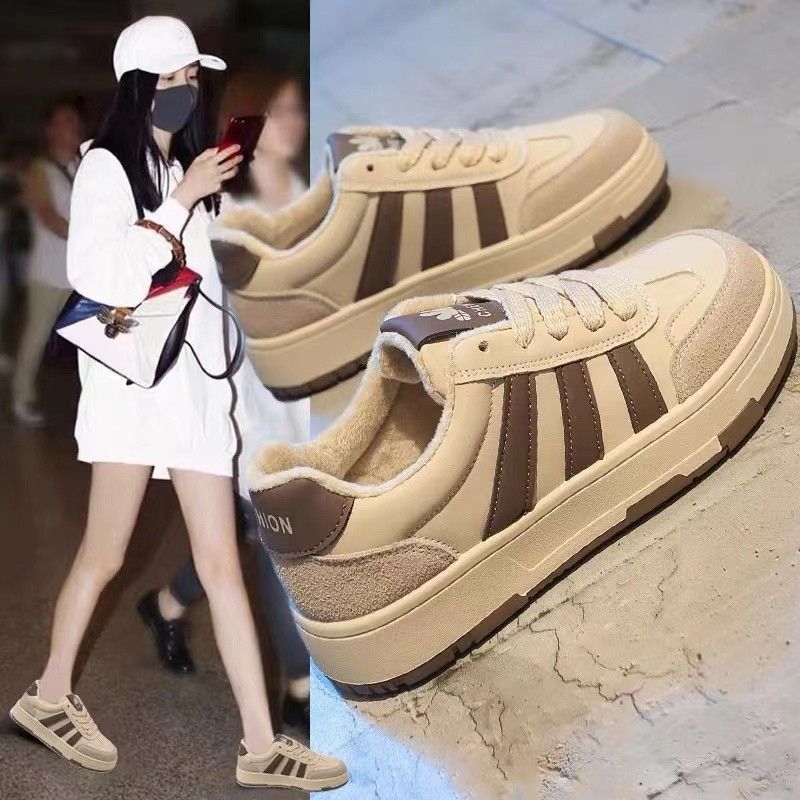 美拉德冬季加绒小白鞋女2023新款厚底韩版鞋子女运动鞋休闲德训鞋