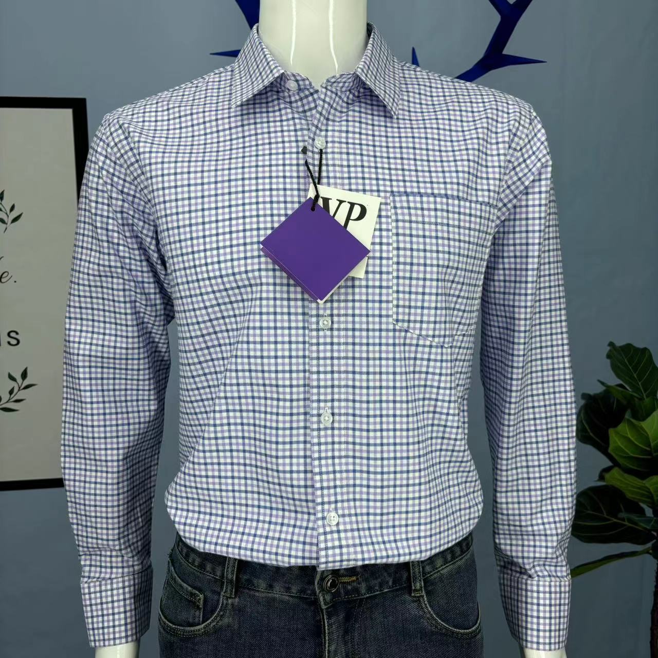 秋季男款蓝色休闲简约潮流复古百搭格纹男士纯棉牛津纺长袖衬衣