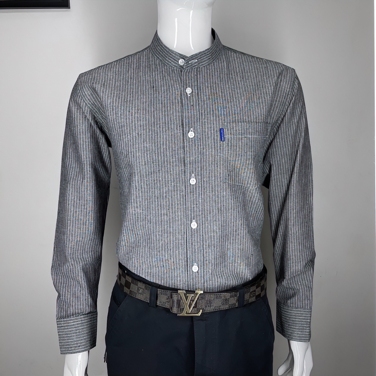 秋季男士纯棉立领条纹棉麻款时尚商务休闲男装衬衣长袖潮流衬衫