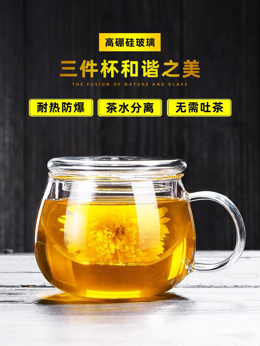透明水杯高硼硅玻璃三件杯办公室男女过滤花茶杯玻璃杯茶水杯