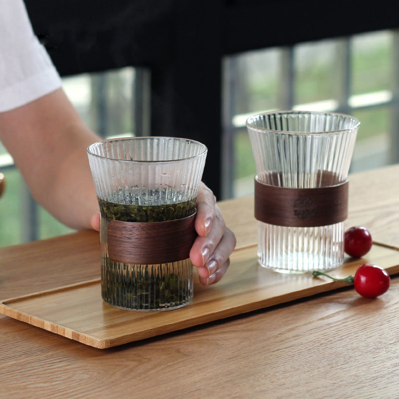 骅锦竖条纹复古玻璃杯咖啡杯隔热木圈高硼硅花茶泡茶杯家用早餐杯