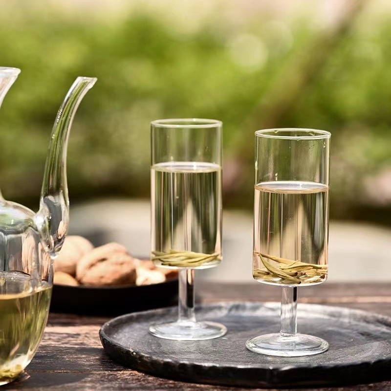 骅锦玻璃杯泡绿茶专用家用高脚杯透明创意水杯仿宋绿茶杯