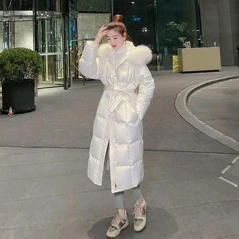 白色免洗亮面羽绒服女冬中长款2023年新款爆款时尚小众设计感加厚