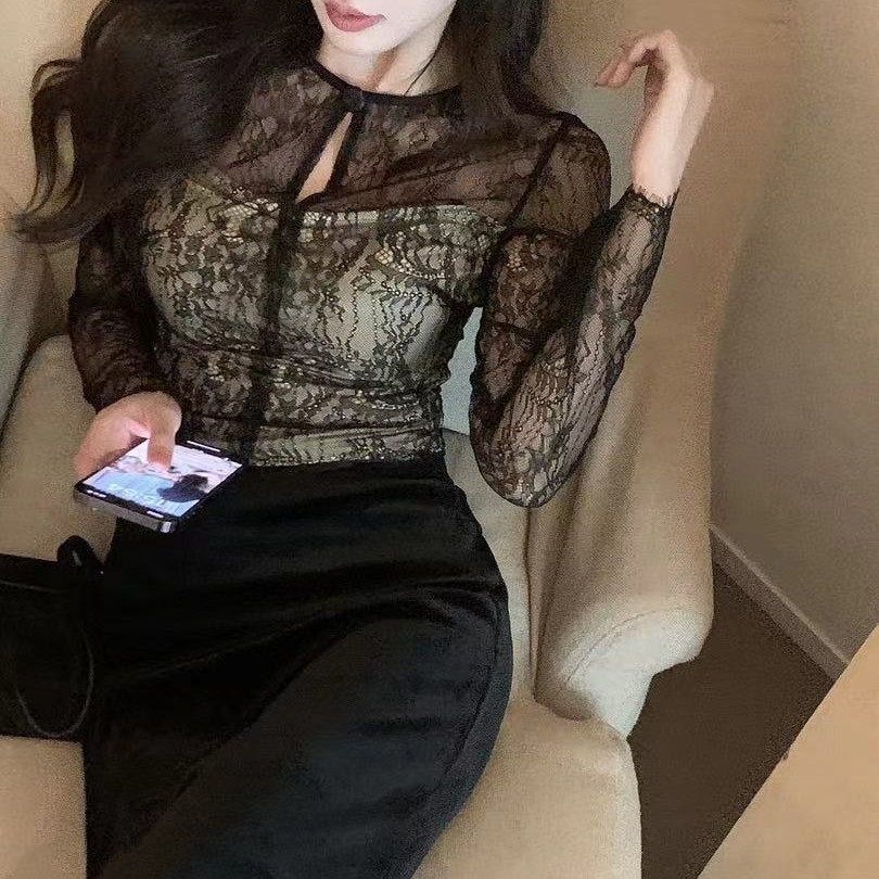 纯欲风镂空透视长袖蕾丝衫女2023秋冬新款高级设计修身内搭上衣潮