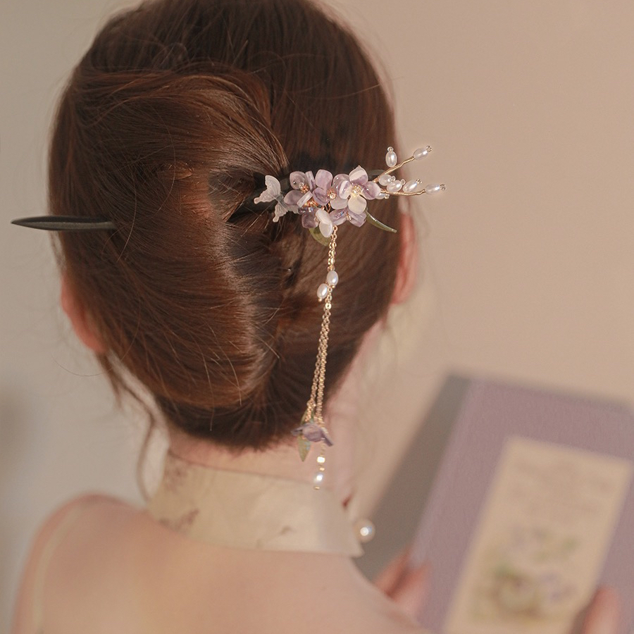 恬奇家a746“紫藤花海”超仙发簪木质盘发簪子古风旗袍发钗新中式