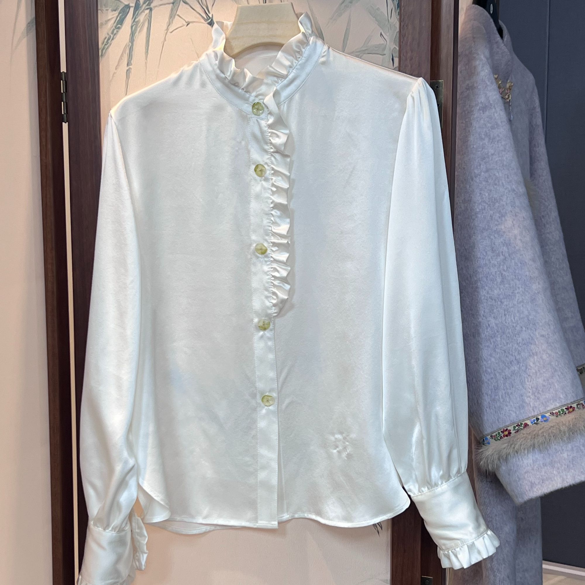 卷忆青梅衬衫长袖气质立领百搭荷叶边春季中国风桑蚕丝衬衣