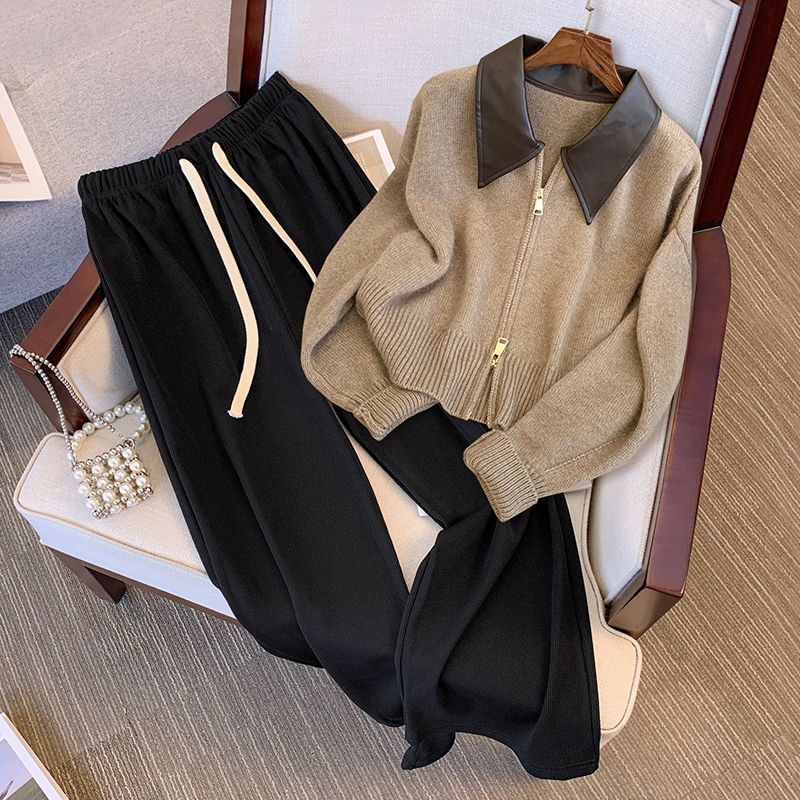 秋季穿搭一整套2025新款时尚针织开衫毛衣女显瘦百搭休闲裤两件套