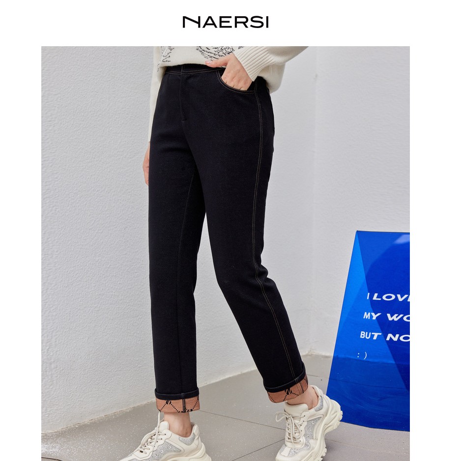 娜尔思商场同款撞色卷边九分牛仔裤秋冬新款休闲直筒裤NV03004W0