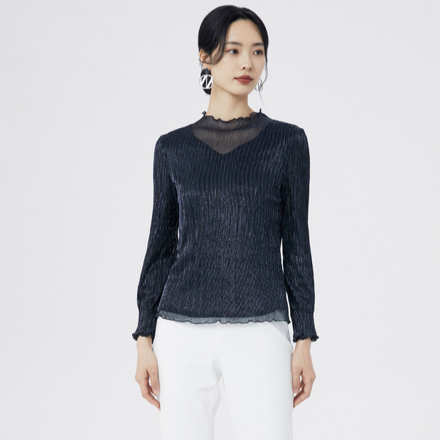 娜尔思水波纹叠透V领时尚百搭长袖套头小衫NM01912Q7