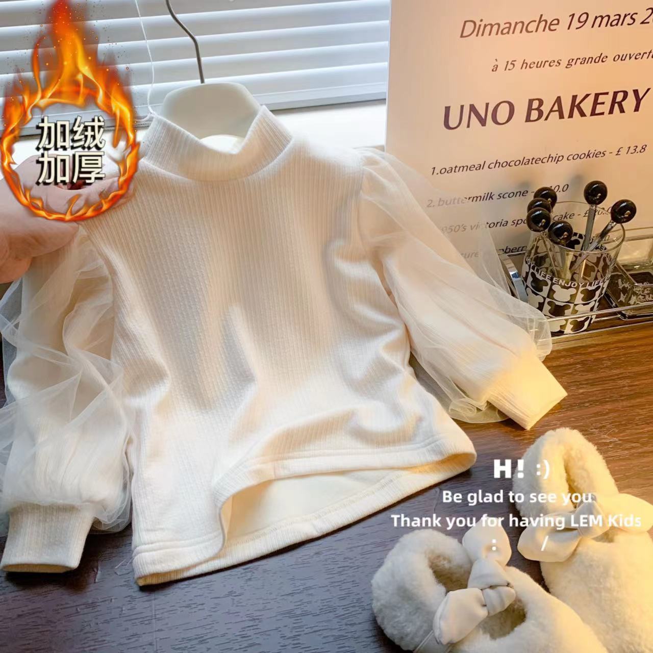 【巴拉甄选】女童秋冬季新款加绒加厚打底衫儿童洋气百搭中高领坑条