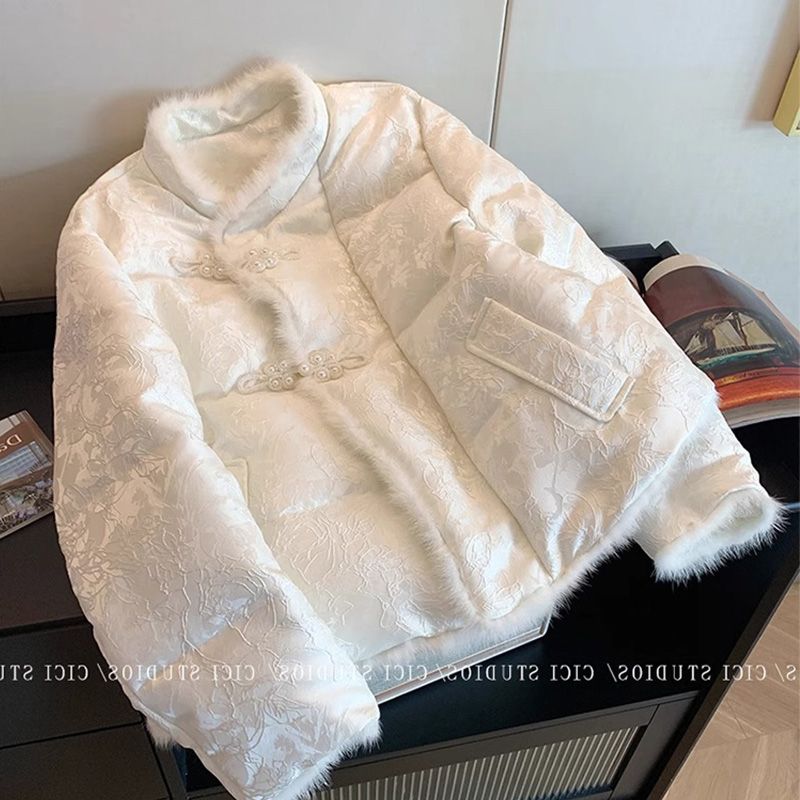 【羽绒服】新中式国风提花拼接毛毛盘扣夹棉外套女冬季加厚保暖气