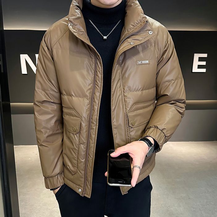 痞帅羽绒服男士短款潮流修身立领高级感潮牌PU皮上衣冬季2023新款
