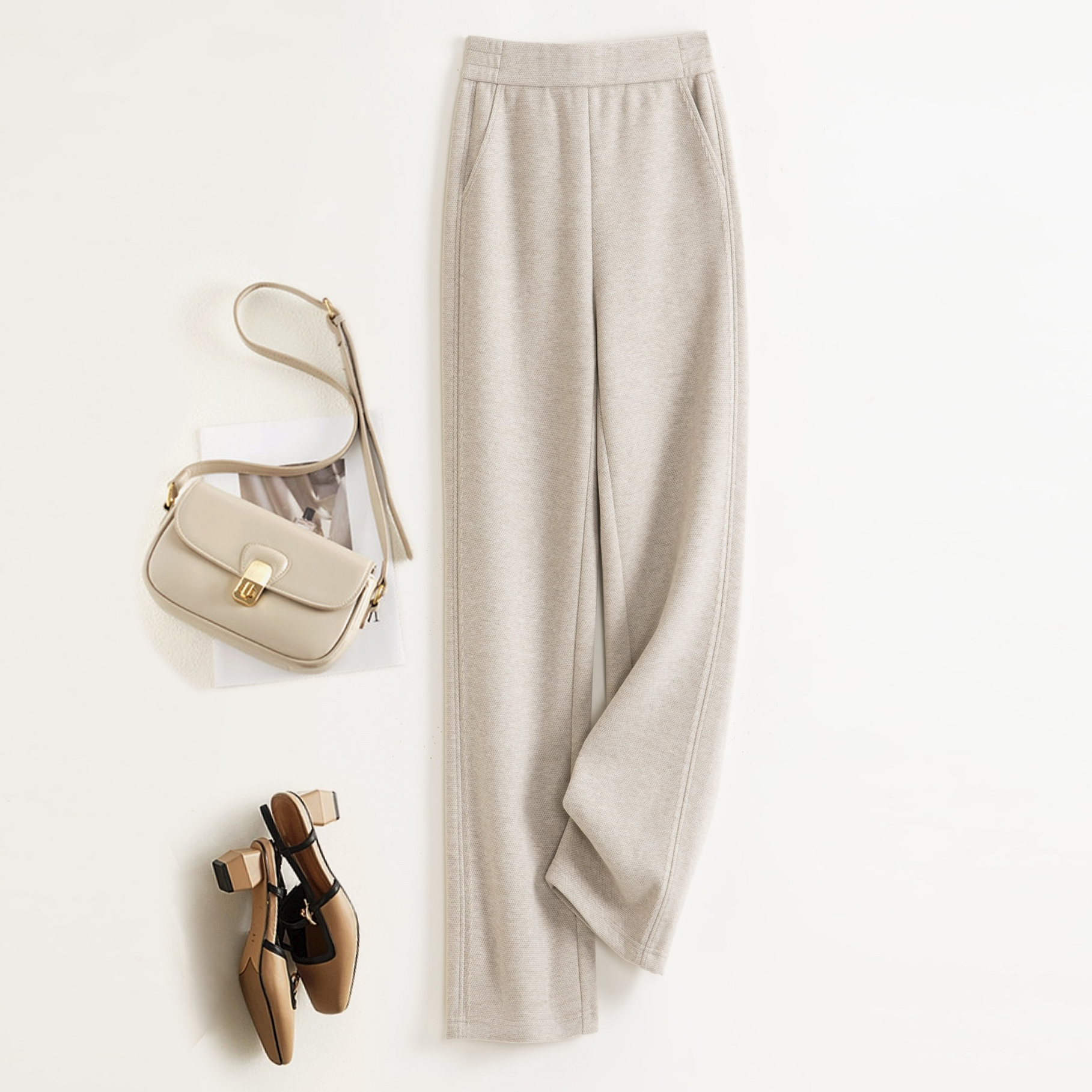 【人字纹盘花】数兰朵高腰毛呢直筒裤 600G加厚窄版柔软肤感休闲裤