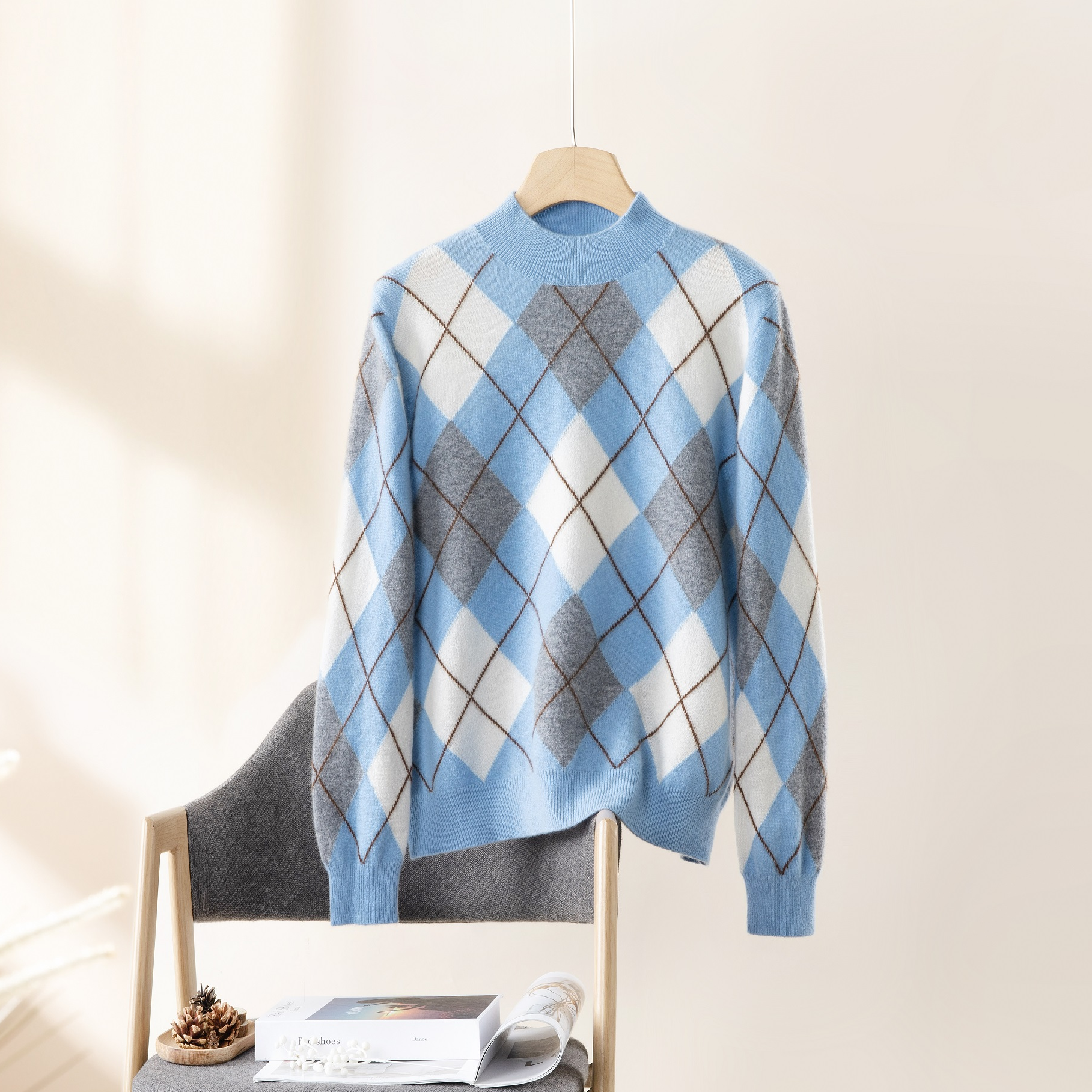【现货】100%山羊绒！数兰朵纯山羊菱格嵌花毛衣 优雅格纹保暖羊绒衫