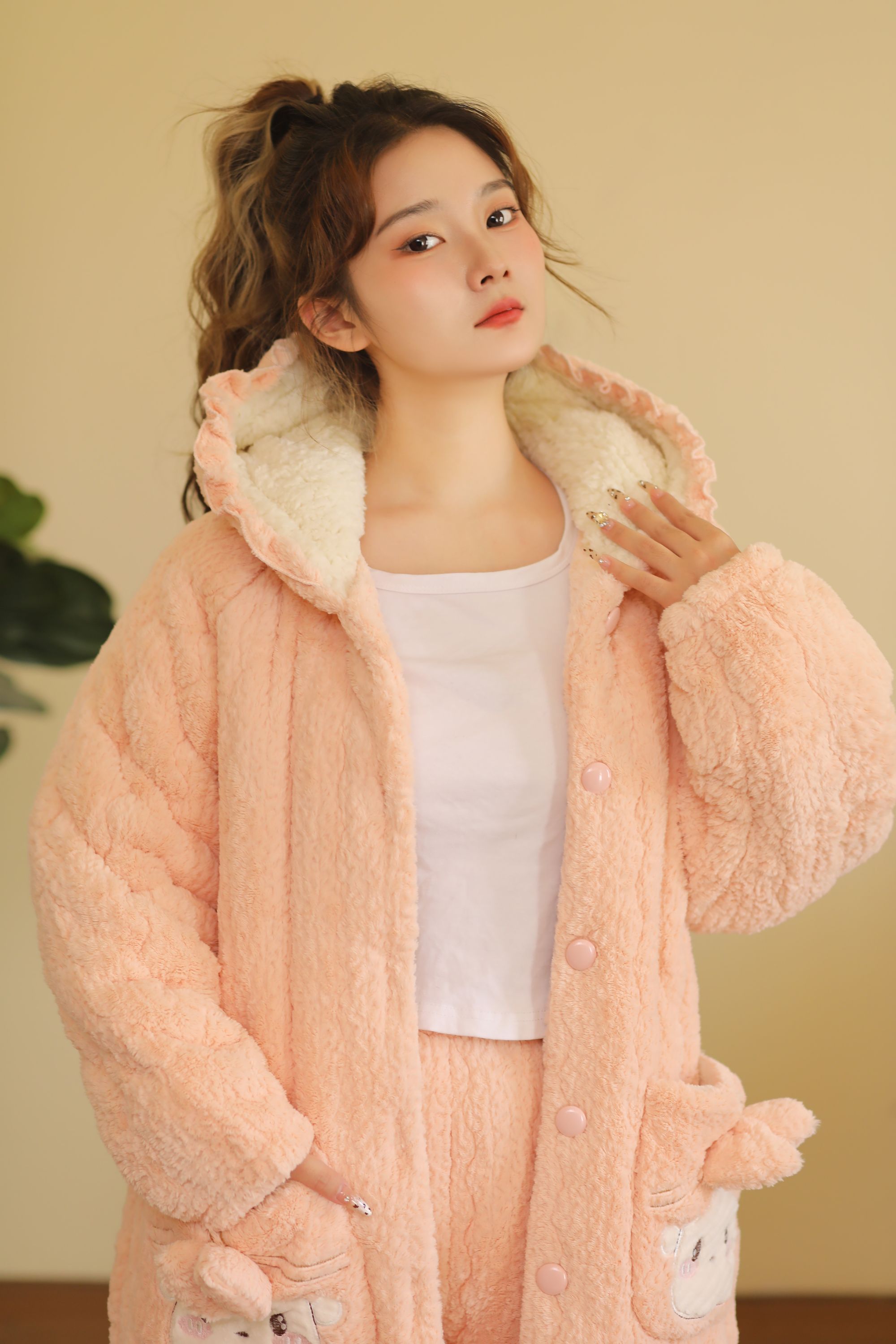 软糯舒适新款糯米絾加棉加厚长袍套装家居服秋冬连帽休闲新款