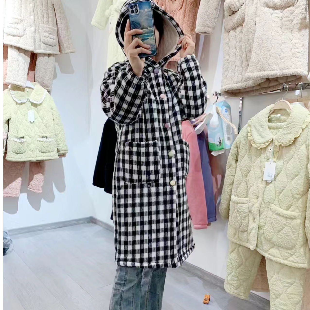 单件黑白格子长袍压缩一体保暖时尚欧美风家居服外套秋冬女款