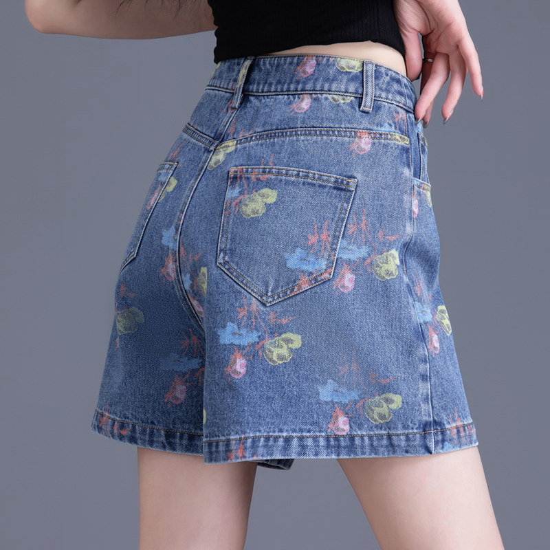 印花高腰牛仔短裤女设计感印花彩绘裤子女夏季外穿热裤阔腿三分裤