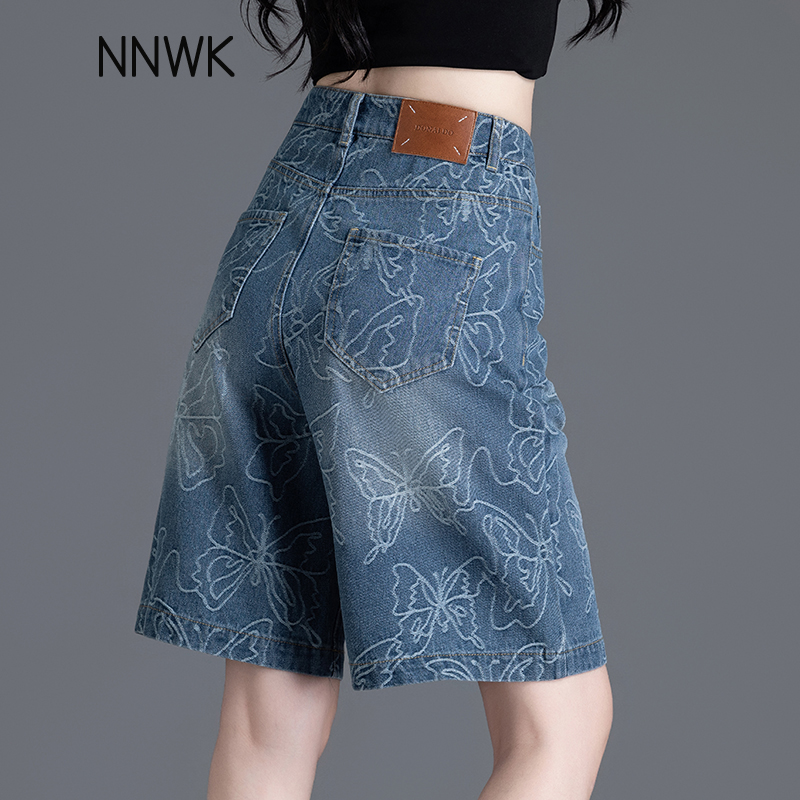 蓝色提花直筒五分裤高腰牛仔短裤女2025夏季薄款休闲宽松阔腿中裤