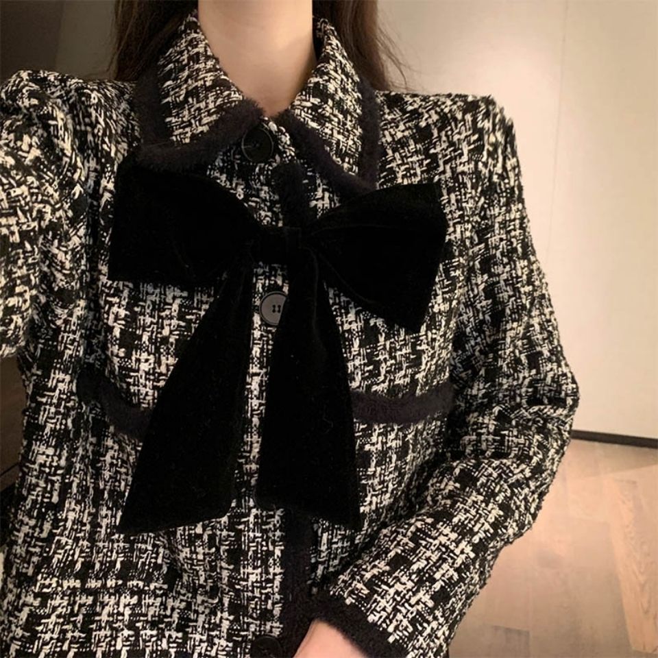法式复古粗花呢短款外套女秋冬季年新款小香风蝴蝶结百搭上衣